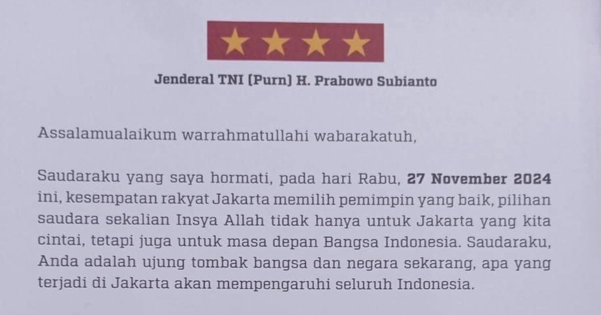 VIDEO: Kop Surat Bintang Empat Disorot, Prabowo Ajak Warga Jakarta Pilih RK Suswono