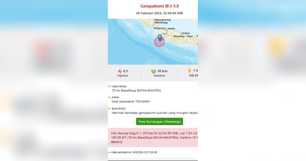 Bayah Banten Kembali Diguncang Gempa Bumi ke Dua Kalinya, Kini 5,1 Magnitudo