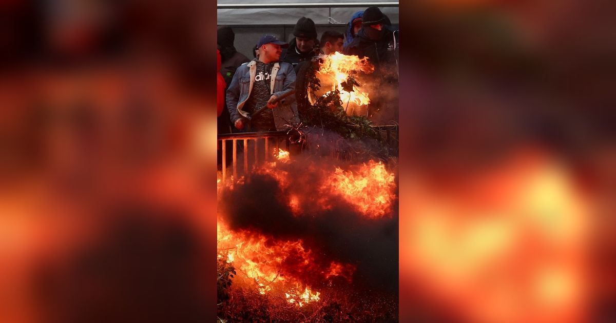 FOTO: Demo Petani Eropa Ricuh, Aksi Bakar Ban hingga Sebar Jerami ke Jalanan Bikin Kota Brussel Mencekam