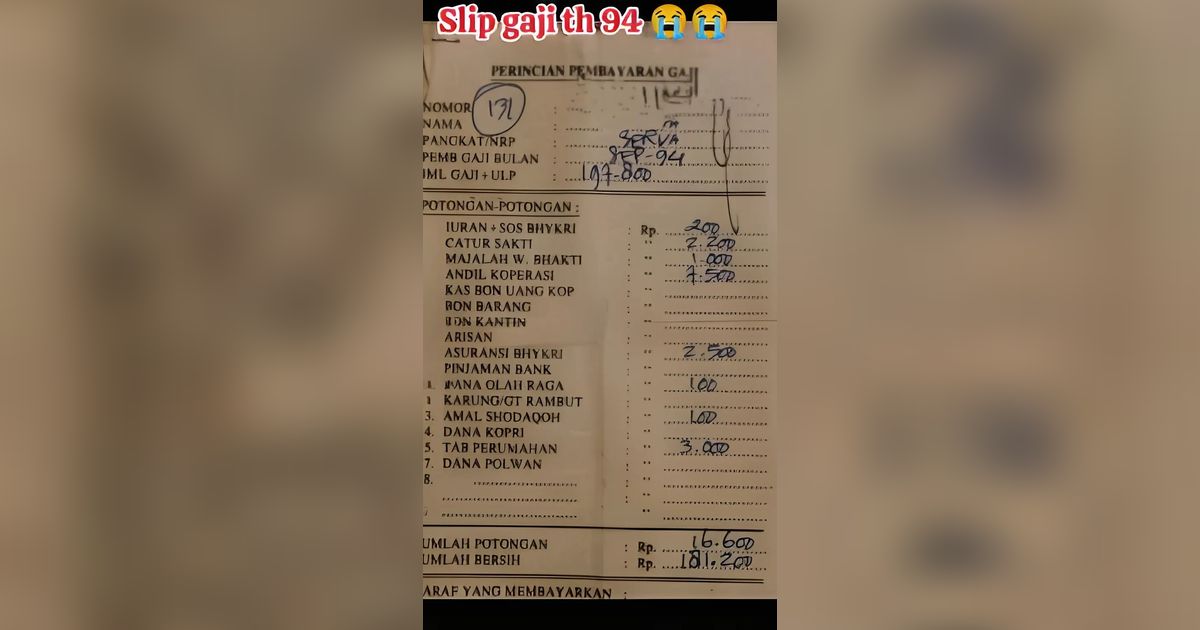 Foto Langka Slip Gaji Polisi Tahun 1994, Pendapatan Tak Seberapa Tapi Banyak Potongannya