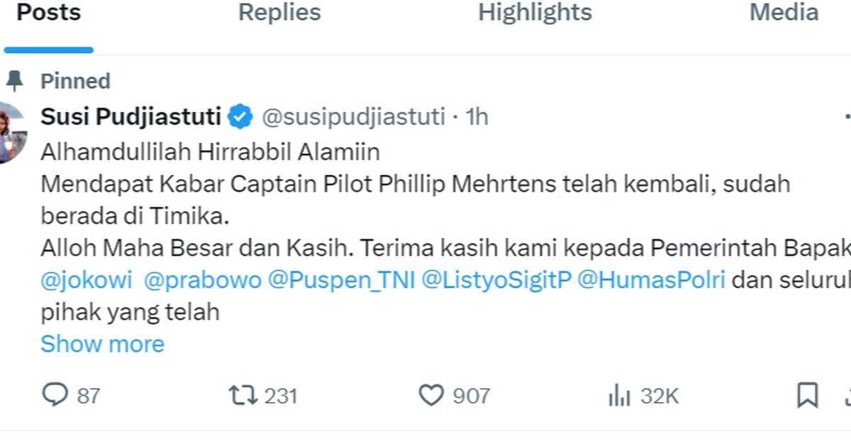 Susi Pudjiastuti: Alhamdulillah Captain Pilot Philip Telah Kembali