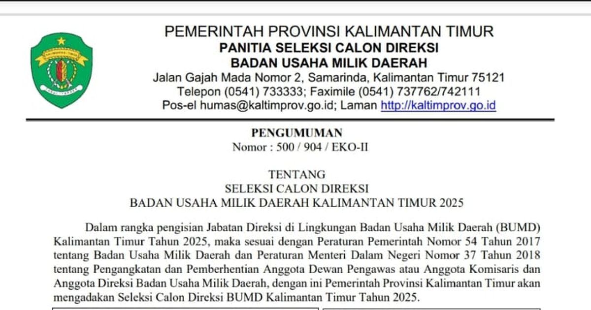 Pemprov Kaltim Resmi Buka Seleksi Direksi BUMD 2025