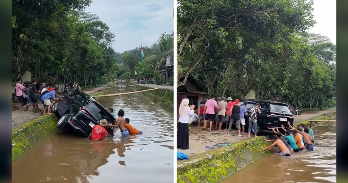 Viral Momen Warga Kompak Angkat Mobil yang Masuk ke Sungai, Aksinya Banjir Pujian