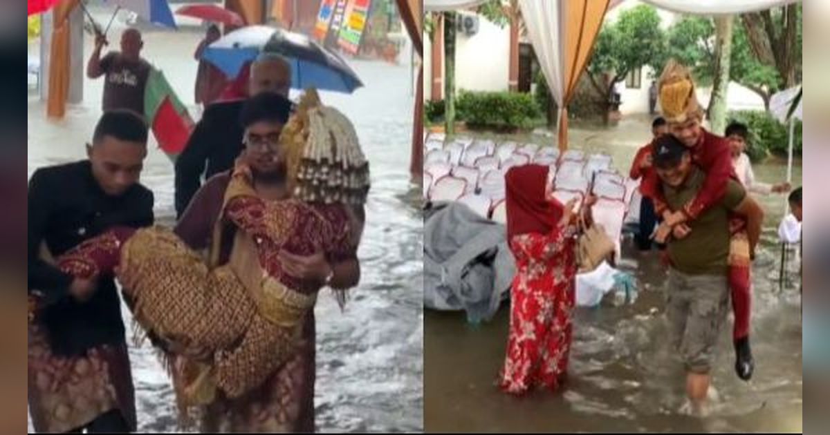 Momen Cinta Tak Bersyarat Saat Tempat Resepsi Pernikahan Kebanjiran, Keluarga Gotong-Royong Gendong Mempelai