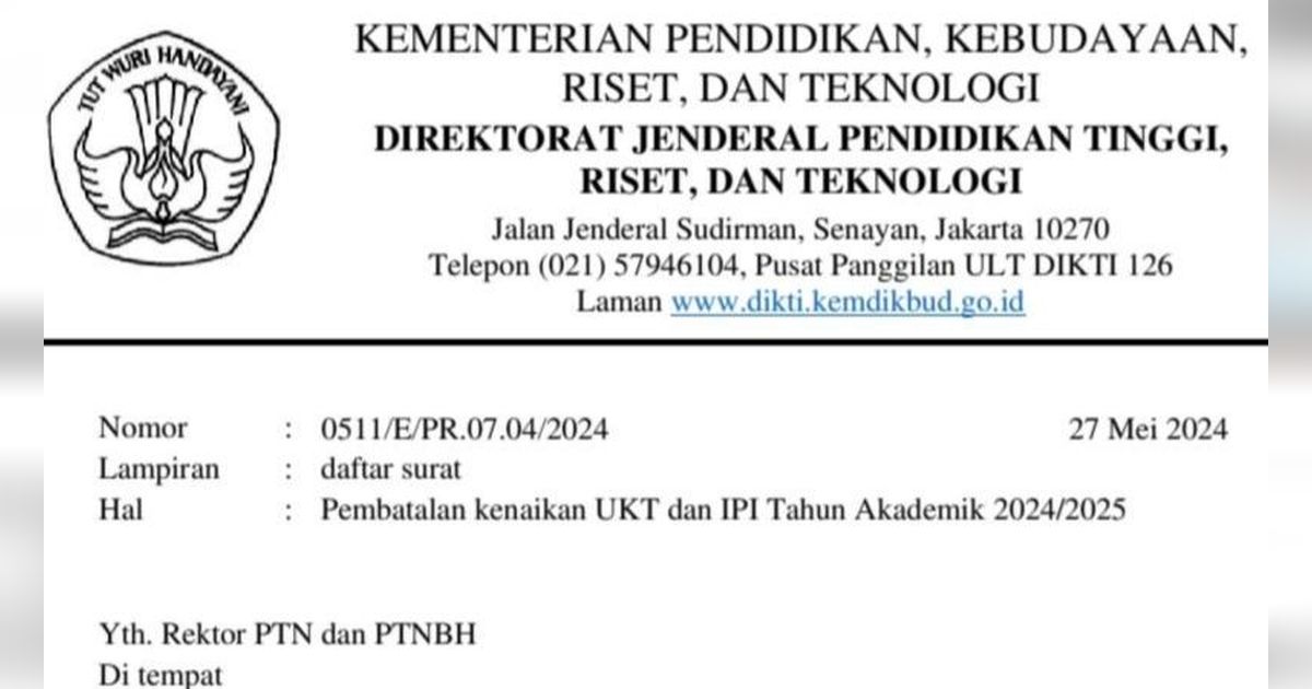 Kemendikbudristek Cabut Rekomendasi Tarif UKT di PTN dan PTNBH