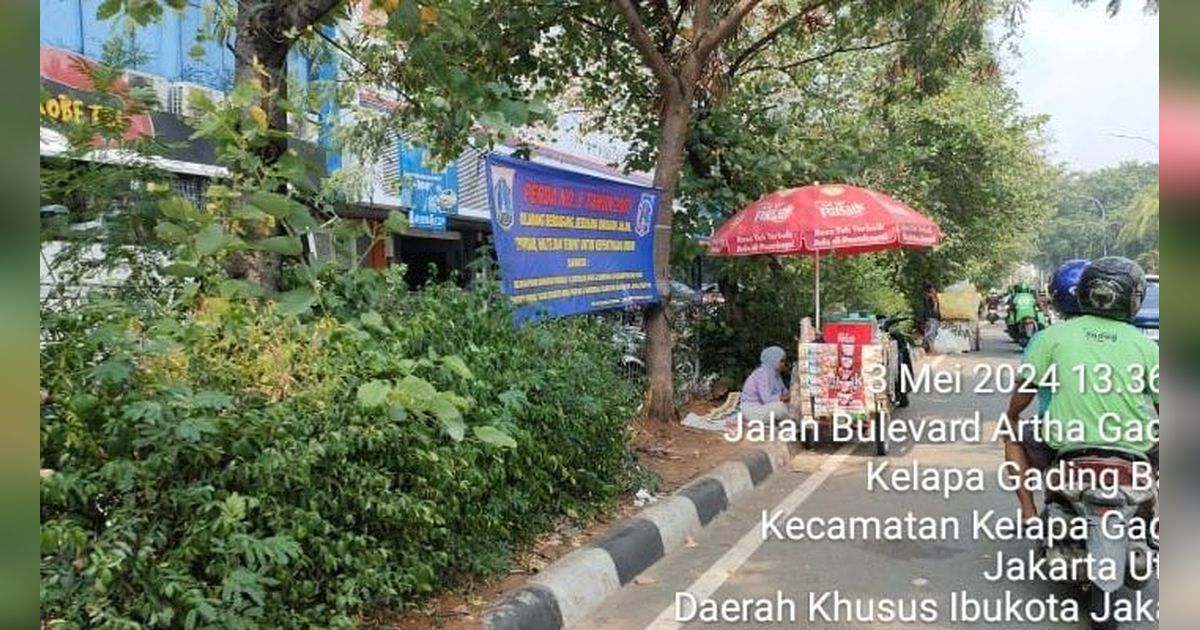 PKL Ini Jualan di Depan Spanduk Aturan Perda soal Larangan Berdagang di Pinggir Jalan