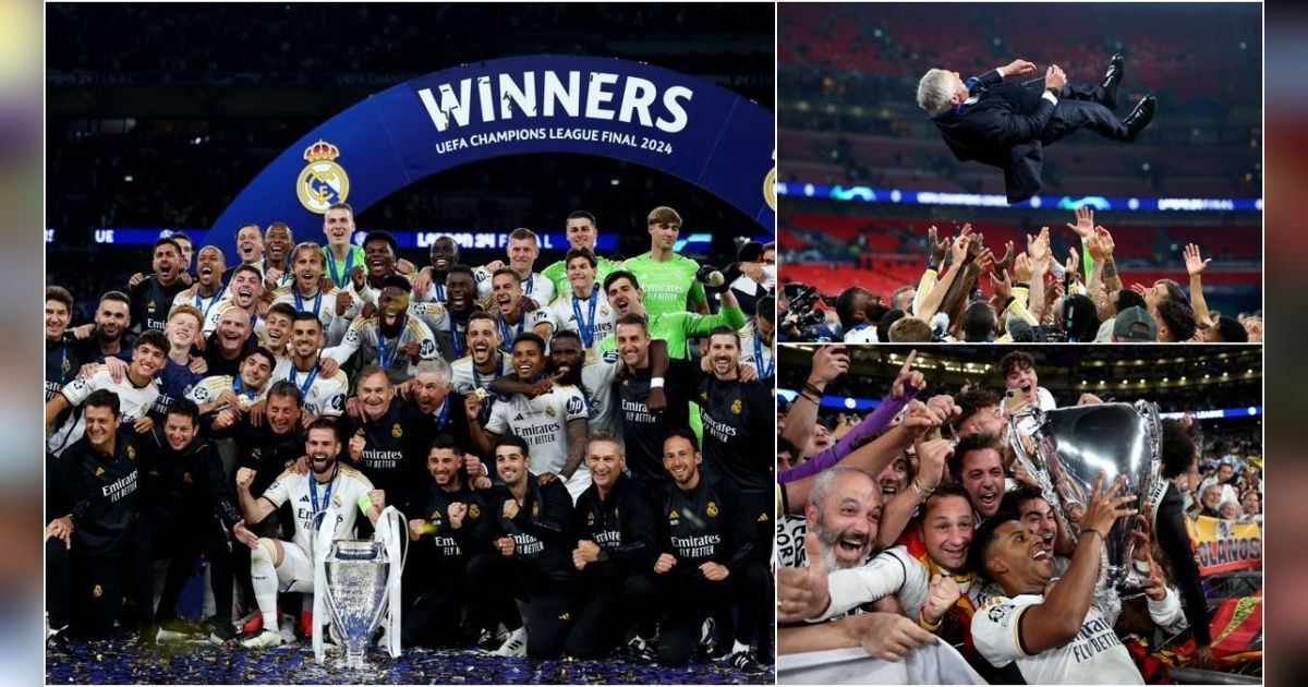 FOTO: Euforia Real Madrid Juara Liga Champions 2023/2024, Mulai Angkat Trofi hingga Lempar Pelatih Carlo Ancelotti ke Udara