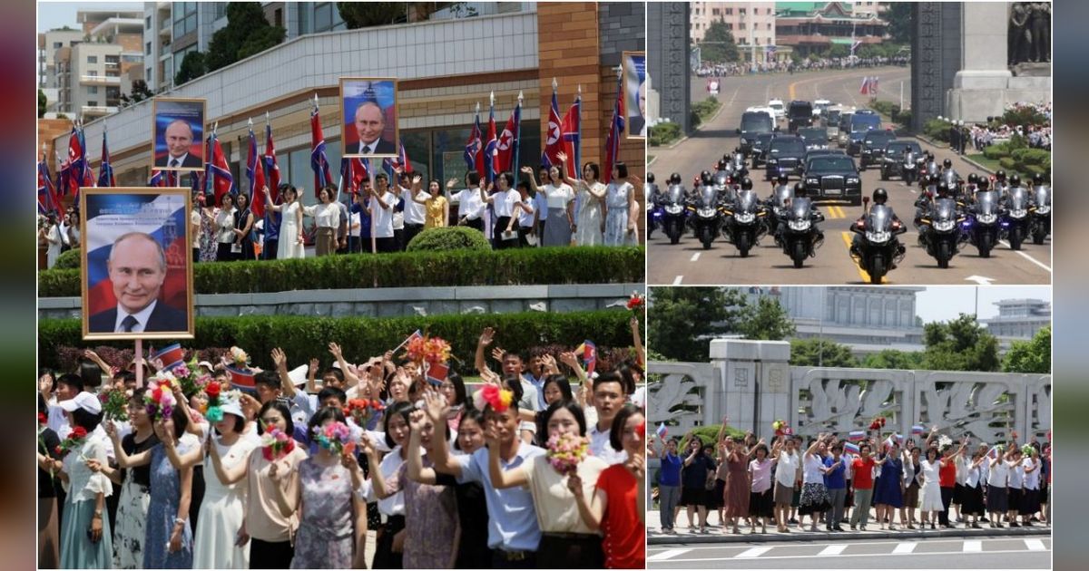 FOTO: Kehebohan Warga Korea Utara Sambut Iring-iringan Kendaraan Presiden Vladimir Putin di Jalan Raya Pyongyang