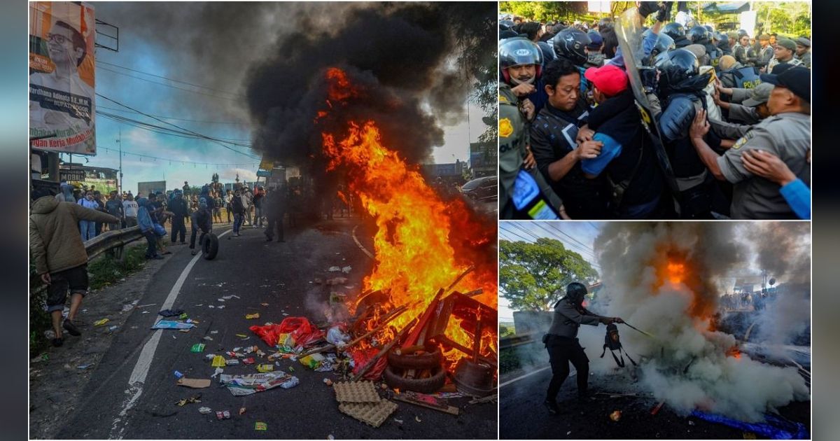 FOTO: Kericuhan Ratusan PKL dengan Satpol PP Pecah, Aksi Dorong-Dorong hingga Pembakaran Bikin Lumpuh Jalan Raya Puncak Bogor
