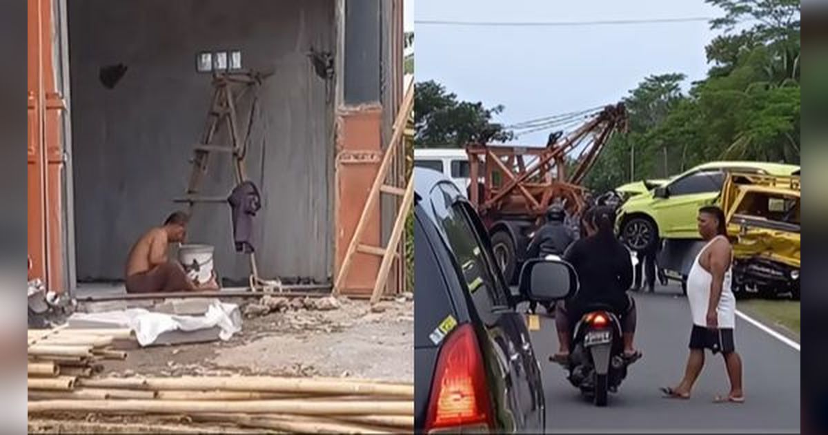 Kuli bangunan tetap fokus bekerja meskipun terjadi kecelakaan mobil di depan mereka.