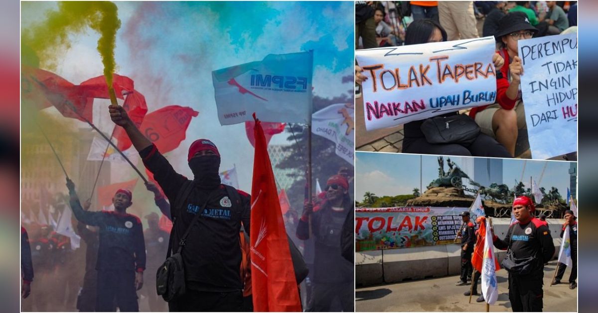FOTO: Gelar Aksi di Patung Kuda, Massa Buruh Padati Thamrin Tolak Tapera