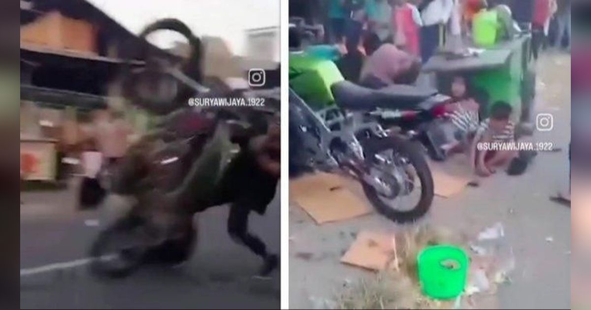 Seorang pria yang berusaha menunjukkan gaya-gayaan dengan atraksi motor di Karnaval Nganjuk akhirnya mengalami nasib buruk setelah menabrak sekelompok anak-anak.