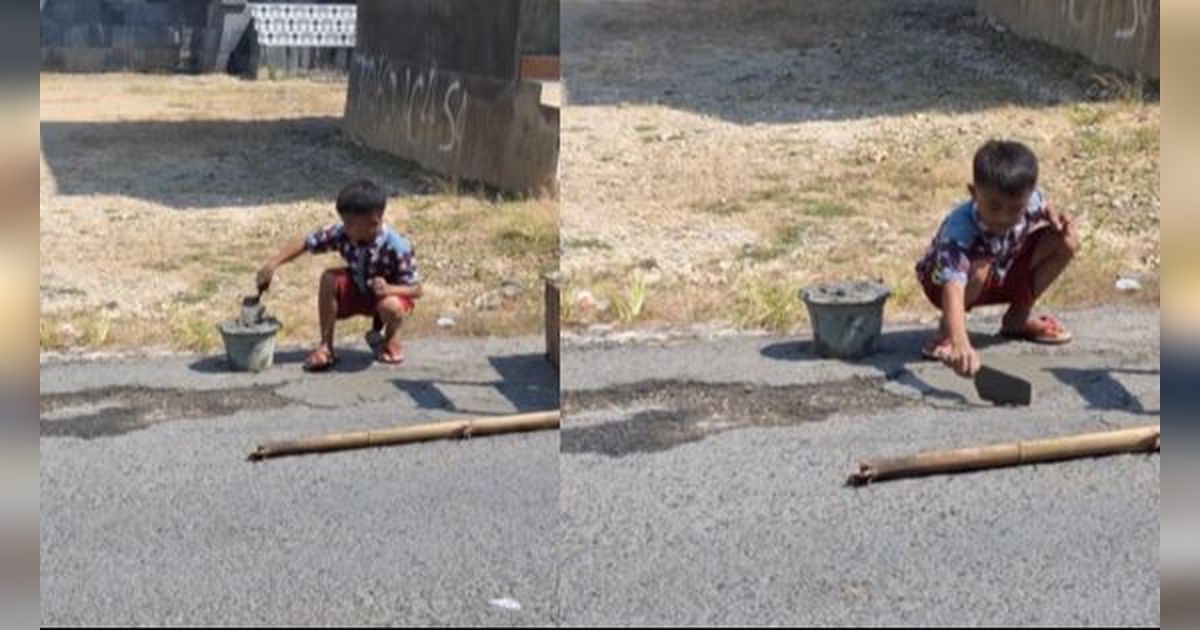 Momen Bocah Tambal Jalan Aspal Berlubang, Bikin Netizen Salut!