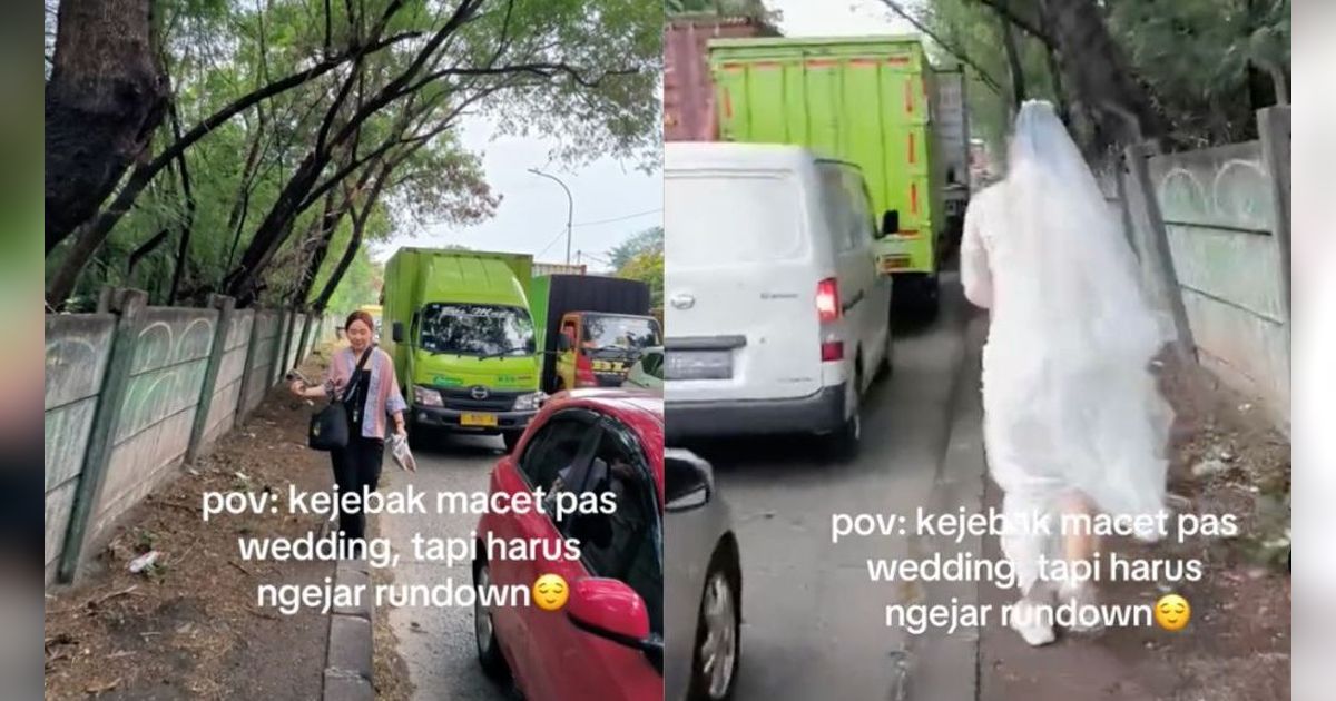Pengantin Sudah Full Makeup dan Pakai Gaun,Terpaksa Jalan Kaki Terobos Macet di Hari Pernikahan