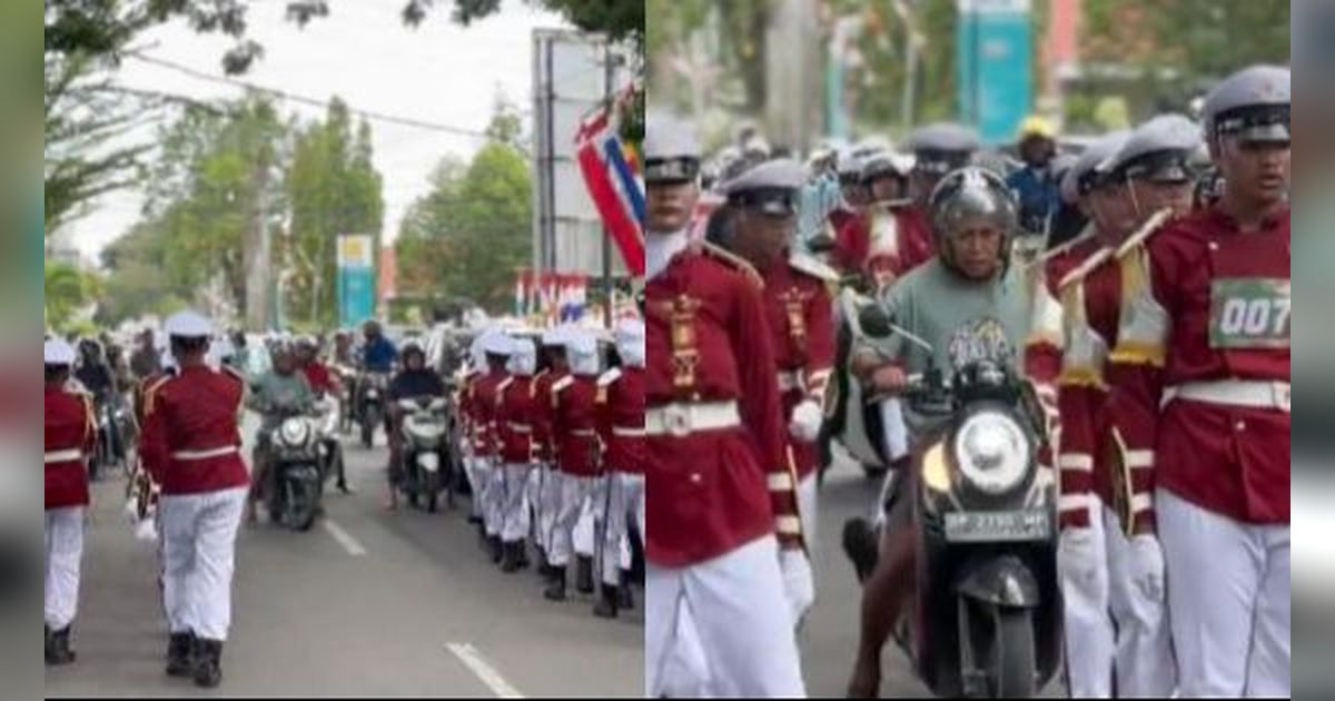 Viral! Pengendara Motor Nekat Terobos Pasukan Gerak Jalan, Berujung Terjebak di Tengah Barisan