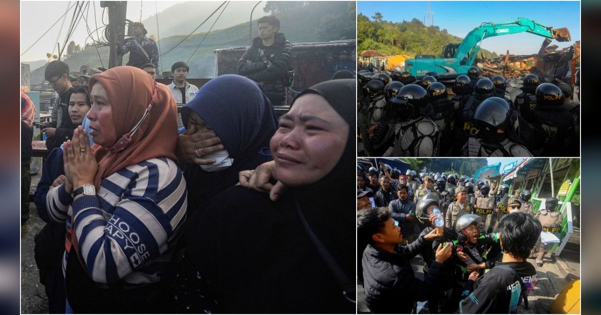 FOTO: Dikawal Keamanan yang Ketat, Pembongkaran PKL Tahap 2 di Puncak diwarnai Penolakan dan Isak Tangis Pedagang