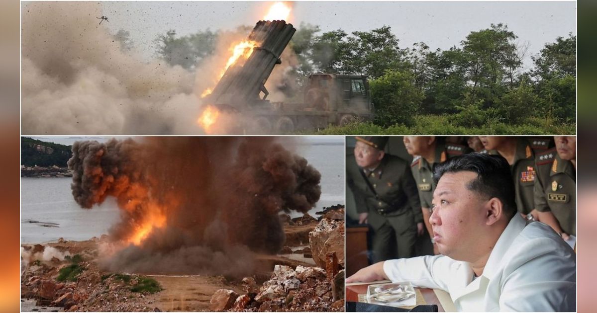 FOTO: Kembali Uji Coba Senjata Canggih, Ekspresi Kim Jong-un Sampai Melongok Lihat Kehebatan Peluncuran Roket Ganda 240 mm