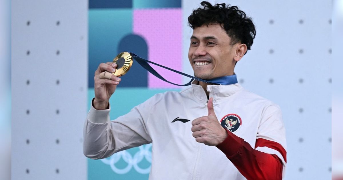 FOTO: Atlet Panjat Tebing Indonesia, Veddriq Leonardo Sabet Emas Pertama untuk Indonesia di Olimpiade Paris 2024