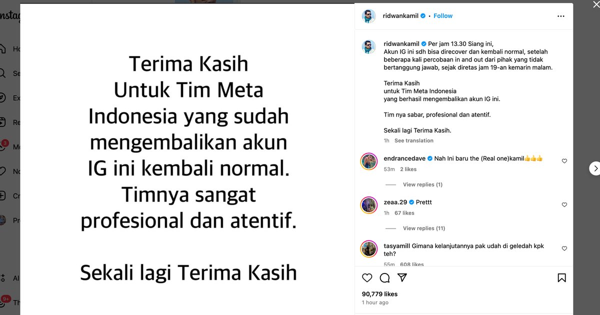 Sempat Dihack, Akun Instagram Ridwan Kamil Sudah Pulih