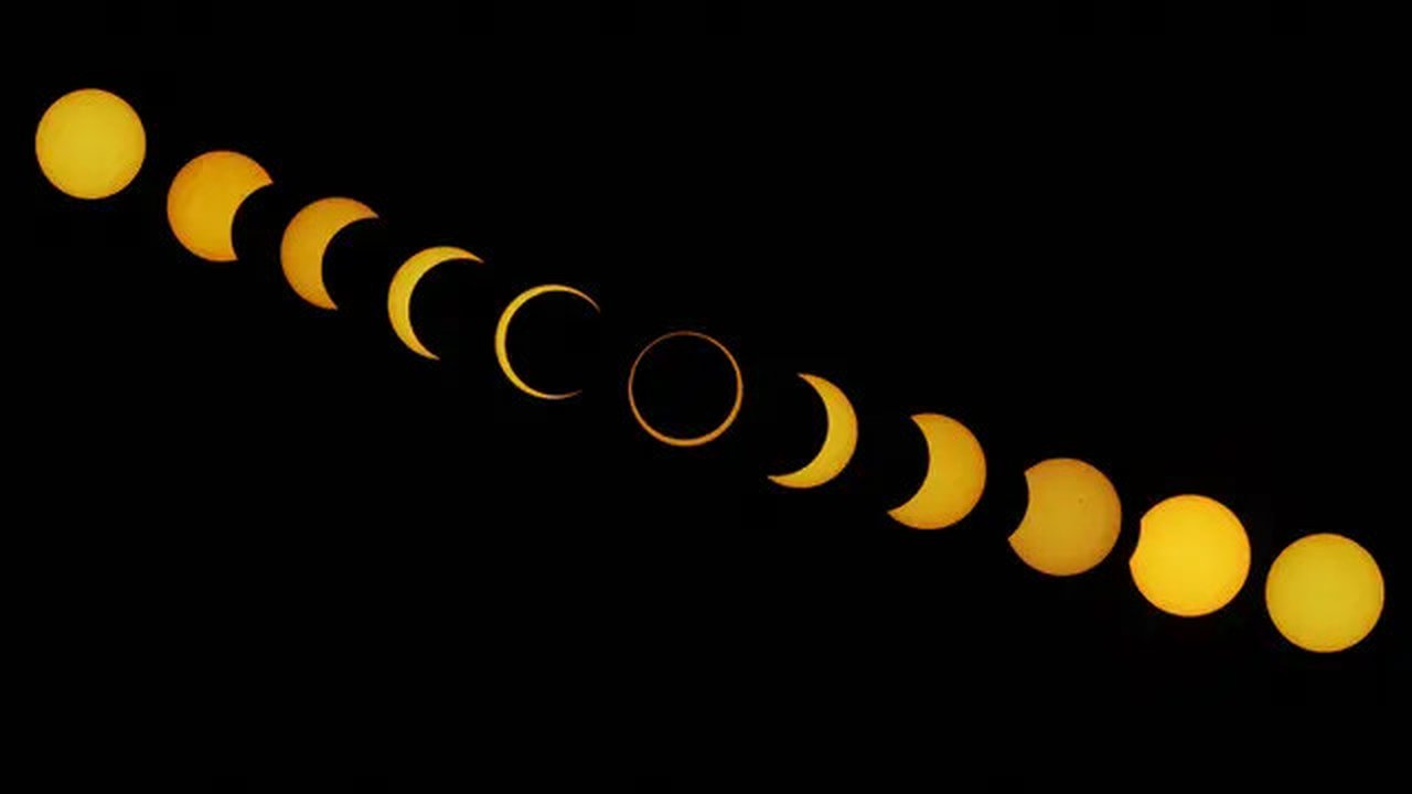 Kombinasi gambar ini menunjukkan berbagai tahap gerhana matahari yang berbeda seperti yang terlihat dari Isla de Pascua di Samudra Pasifik, Chili, pada tanggal 2 Oktober 2024. (JONATHAN MARTINS/AFP)