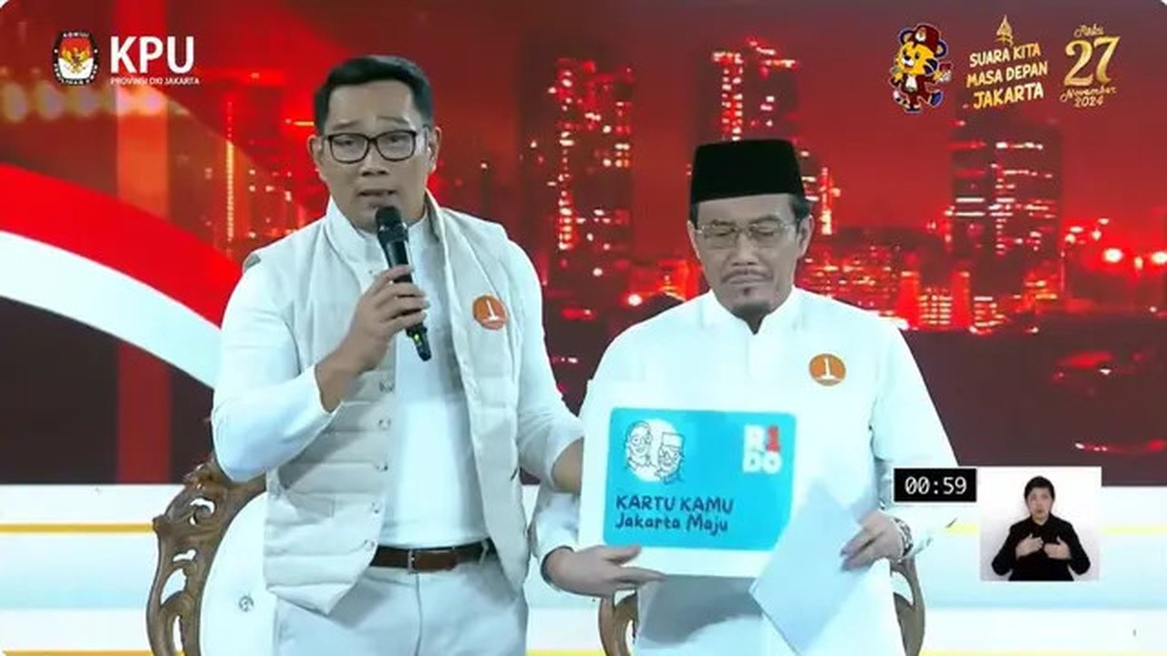Pasangan Calon Pemilihan Kepala Daerah Jakarta atau Paslon Pilkada Jakarta 2024 nomor urut 1 Ridwan Kamil-Suswono menunjukkan Kartu Jakarta Maju dalam penutupan debat perdana Pilkada Jakar