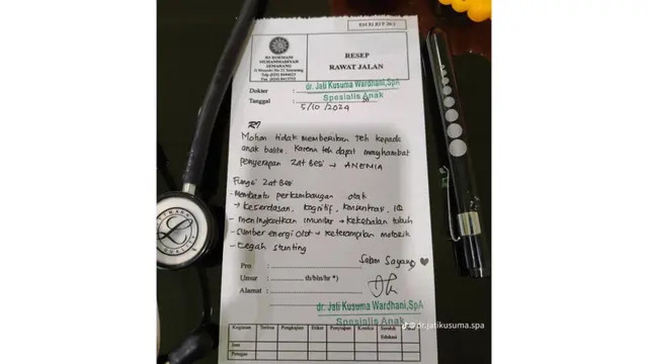 Viral di TikTok, dr. Jatikusuma sebut  teh bisa menghambat penyerapan zat besi pada anak balita, sehingga meningkatkan risiko anemia. Simak penjelasan lengkapnya! (Tangkapan Layar @dr.jatikus
