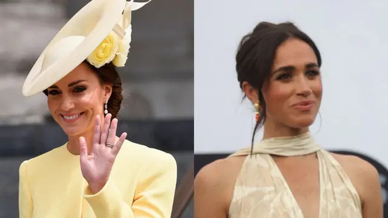 Perbedaan gaya busana Kate Middleton dengan Meghan Markle. (Dok: Kola Sulaimon / AFP)