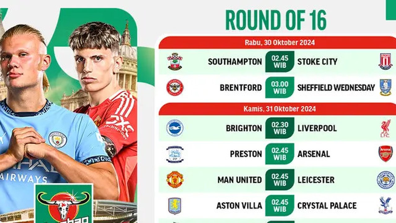 Jadwal siaran langsung pertandingan Carabao Cup 2024/25: Round of 16 di Vidio. (sum. doc. vidio.com)