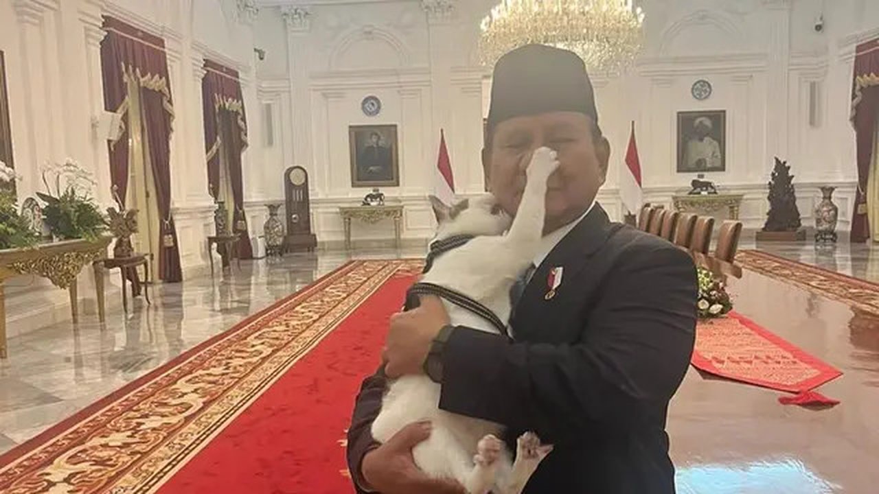 Presiden Prabowo mengunggah potretnya lagi menggendong kucing kesayangan, Bobby Kertanegara. Salah satu kaki Bobby nemplok ke hidung RI-1. (Foto: Dok. Instagram @prabowo)