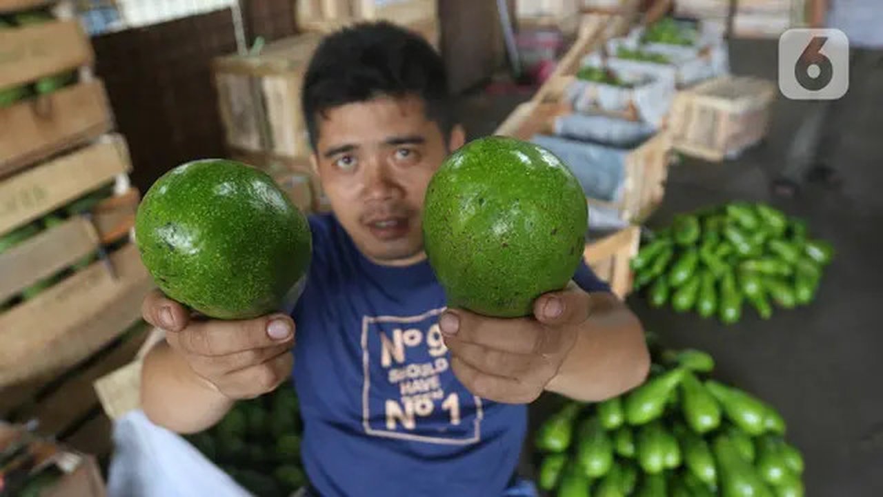 Pedagang menunjukkan buah alpukat di pasar induk Kramat Jati, blok buah di Jakarta, Minggu (2/2/2020). Pemerintah berupaya melakukan peningkatan produksi buah-buahan dalam negeri dan diharapk