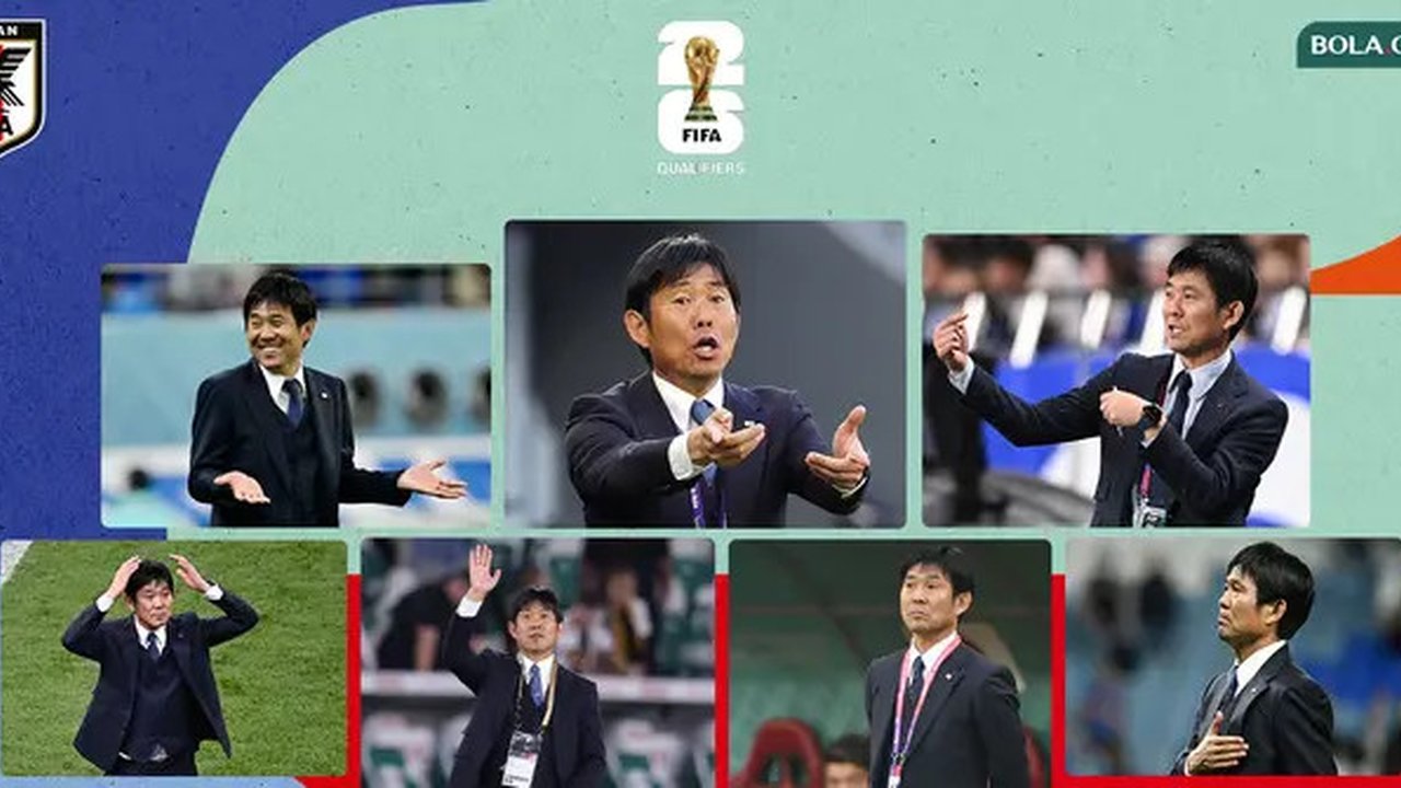 Kolase - Aksi Pelatih Jepang Hajime Moriyasu (Bola.com/Adreanus Titus/Geaby Fadhilatu Sholikha)