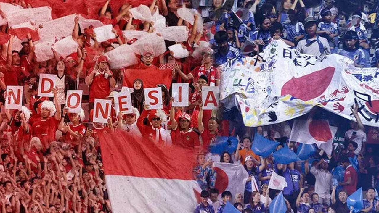 Ilustrasi - Suporter Timnas Indonesia dan Jepang (Bola.com/Adreanus Titus/Geaby Fadhilatu Sholikha)