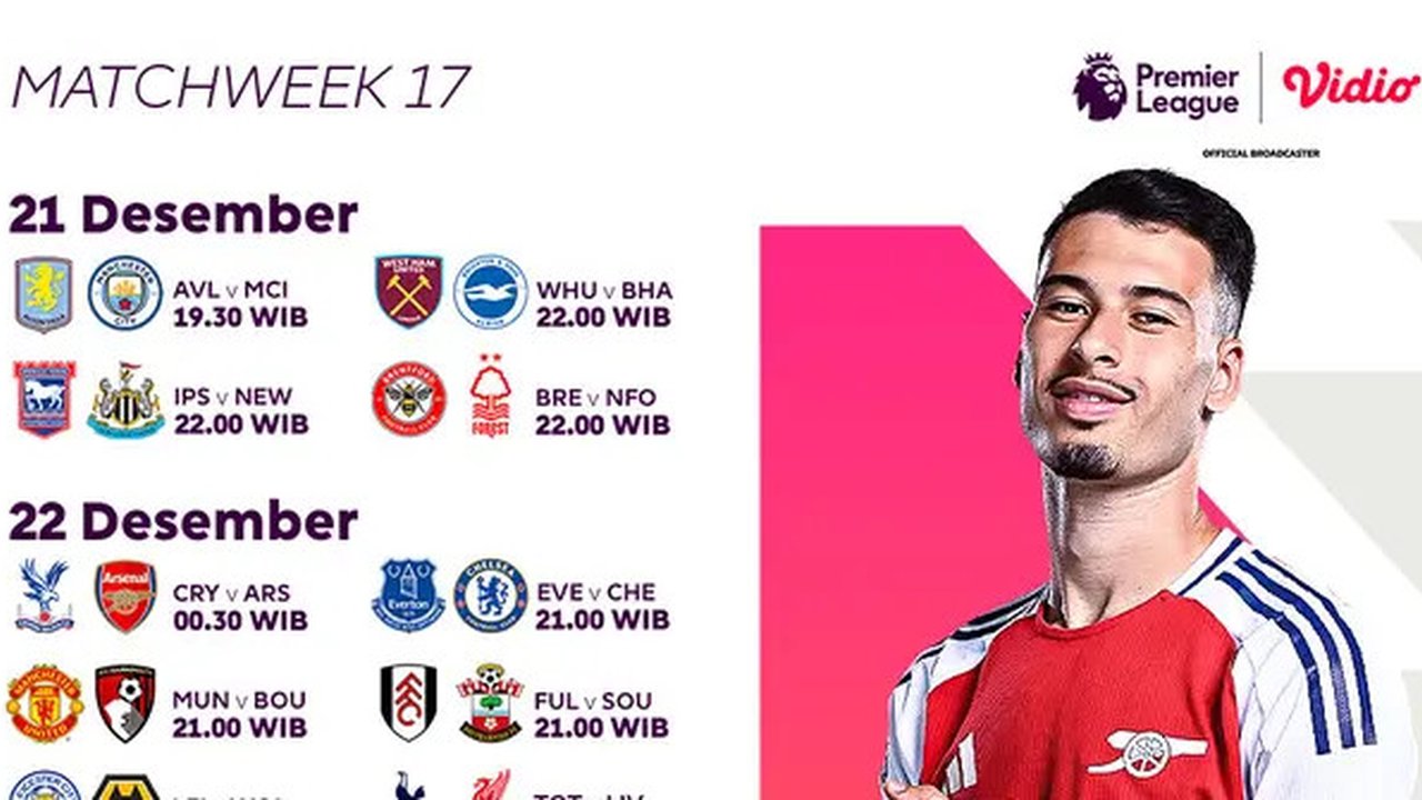 Jadwal pertandingan Liga Inggris 2024/25 pada matchweek 17 di Vidio akhir pekan ini. (sum. doc. vidio.com)