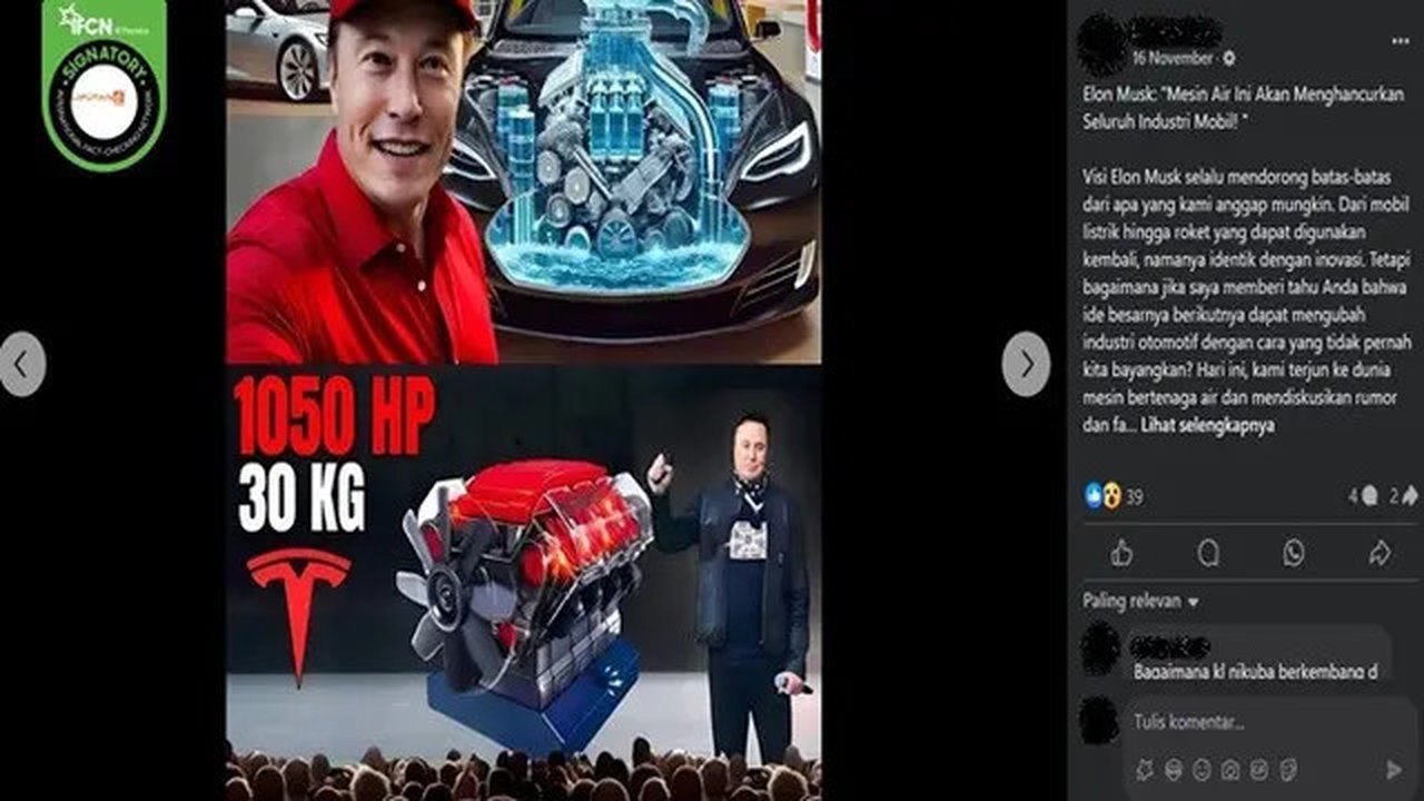 Gambar tangkapan layar kabar tentang bos perusahaan mobil listrik Tesla, Elon Musk akan mengembangkan mobil berbahan bakar air. (sumber: Facebook)