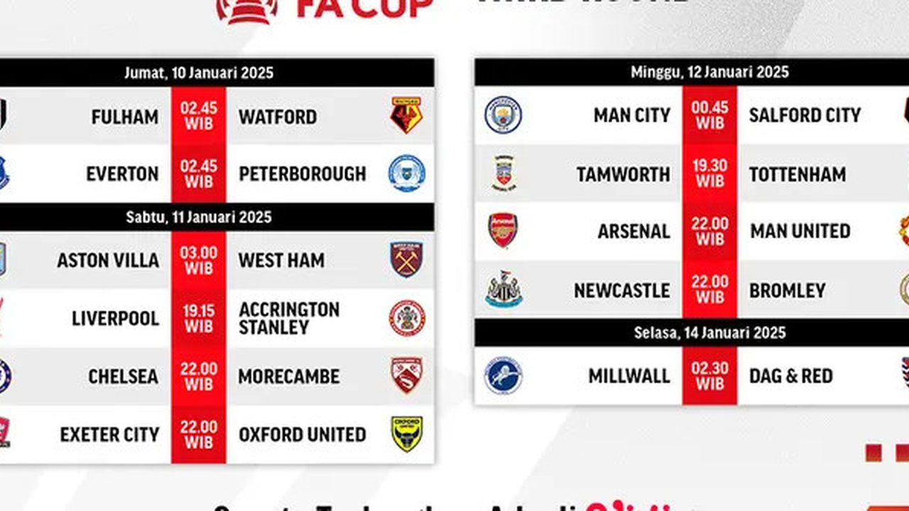 Jadwal pertandingan FA Cup 2024/25 pada 3rd Round di Vidio. (sum. doc. vidio.com)