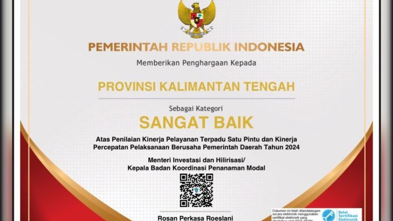 Pemerintah Provinsi Kalimantan Tengah mendapat penghargaan 'Sangat Baik' dari BKPM atas kinerja investasi dan pelayanan terpadu satu pintu (PTSP) tahun 2024, berkat penyederhanaan perizinan dan peningkatan layanan.