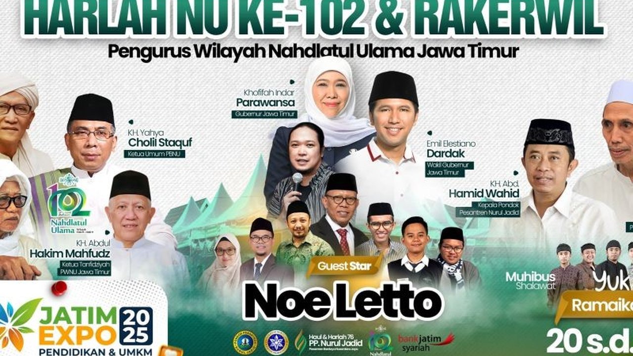 Pondok Pesantren Nurul Jadid, Paiton, Probolinggo, menjadi tuan rumah Harlah ke-102 Nahdlatul Ulama (NU) dan Rakerwil PWNU Jawa Timur pada 24-25 Januari 2025, dengan rangkaian kegiatan selama sepekan yang bertujuan memberdayakan masyarakat dan UMKM.