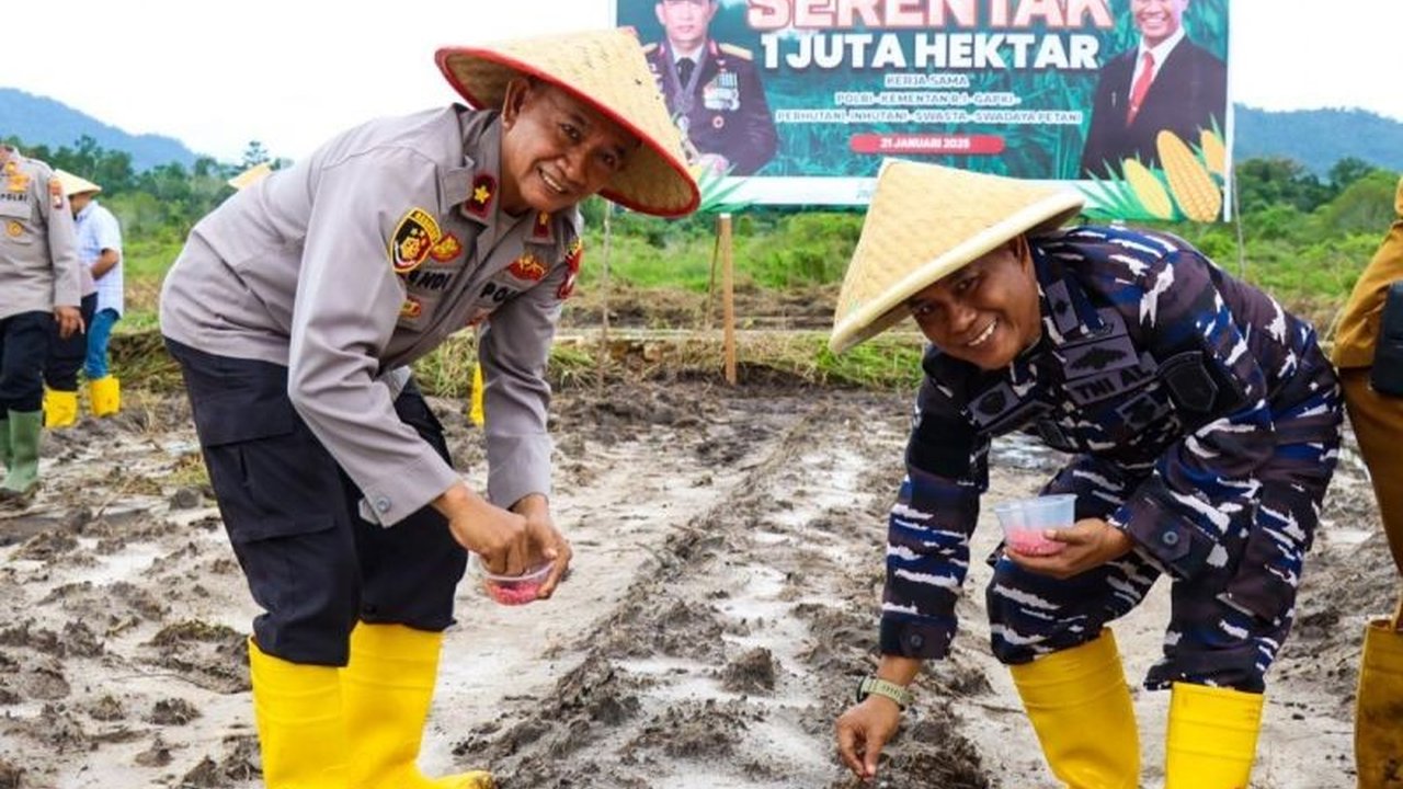 Polres Lingga, Kepulauan Riau, menanam jagung di lahan 4 hektare sebagai bagian dari program Polri dan Kementerian Pertanian untuk mendukung ketahanan pangan nasional dan mengurangi impor pangan.