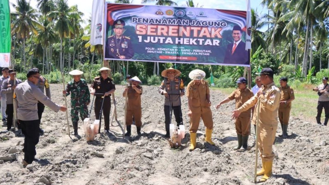Polres Tojo Una-Una, Sulawesi Tengah, menggelar penanaman jagung serentak se-Indonesia untuk mendukung ketahanan pangan nasional dan kesejahteraan petani, selaras dengan program pemerintah.