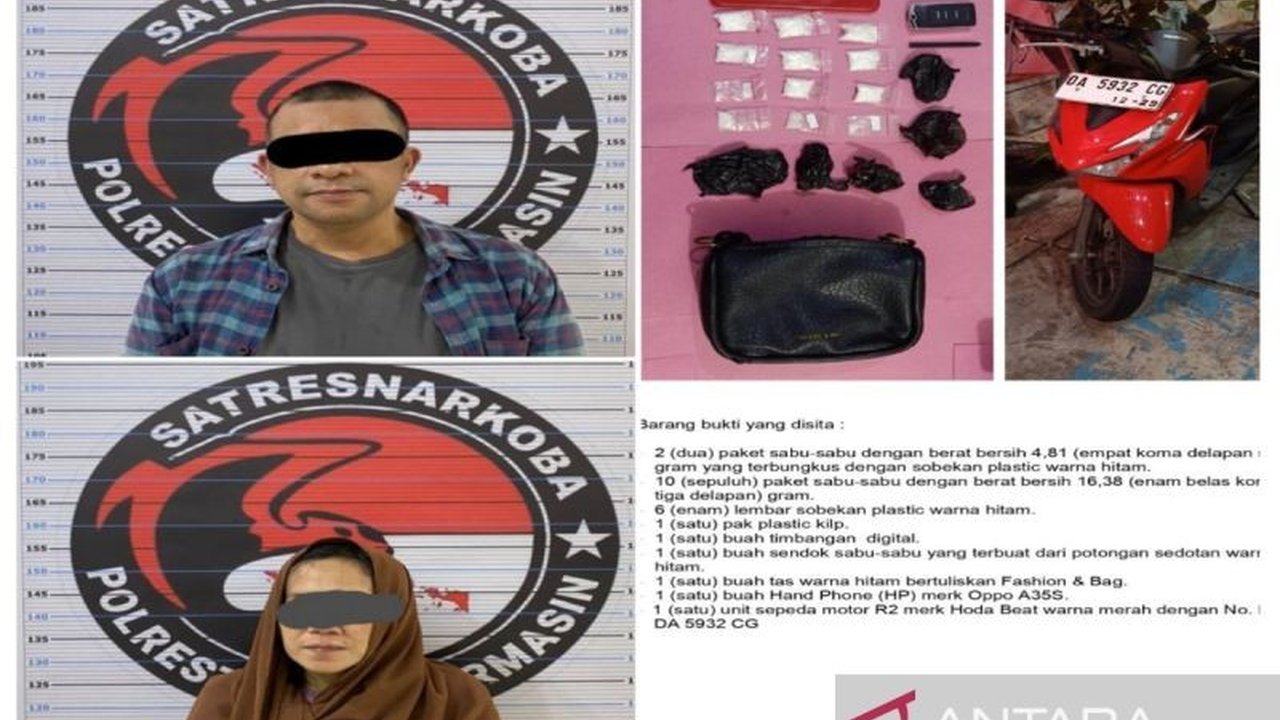 Polresta Banjarmasin menangkap pasangan suami istri residivis narkoba yang kedapatan mengedarkan 21,19 gram sabu di Jalan Kelayan B, Banjarmasin Selatan pada 14 Januari 2024.