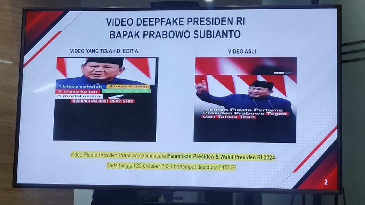Polri dan Kementerian Kominfo gencar melakukan patroli siber untuk mencegah penyebaran video deepfake, berhasil menangkap satu tersangka yang melakukan penipuan berkedok bantuan pemerintah.