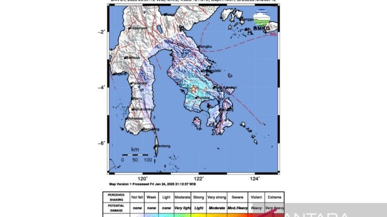 Gempa bumi berkekuatan 4,9 magnitudo mengguncang Kabupaten Kolaka, Sulawesi Tenggara, Jumat malam, 20.37 WITA, dengan pusat gempa di daratan dan menyebabkan kerusakan ringan.
