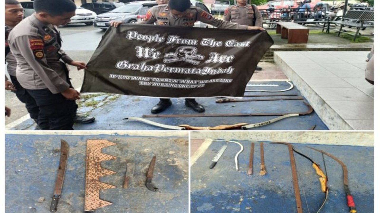 Polda Kalsel mengamankan sembilan remaja diduga gengster yang membawa senjata tajam di Banjarbaru; satu orang dewasa dijerat hukum, sementara yang lain dikembalikan ke orangtua.