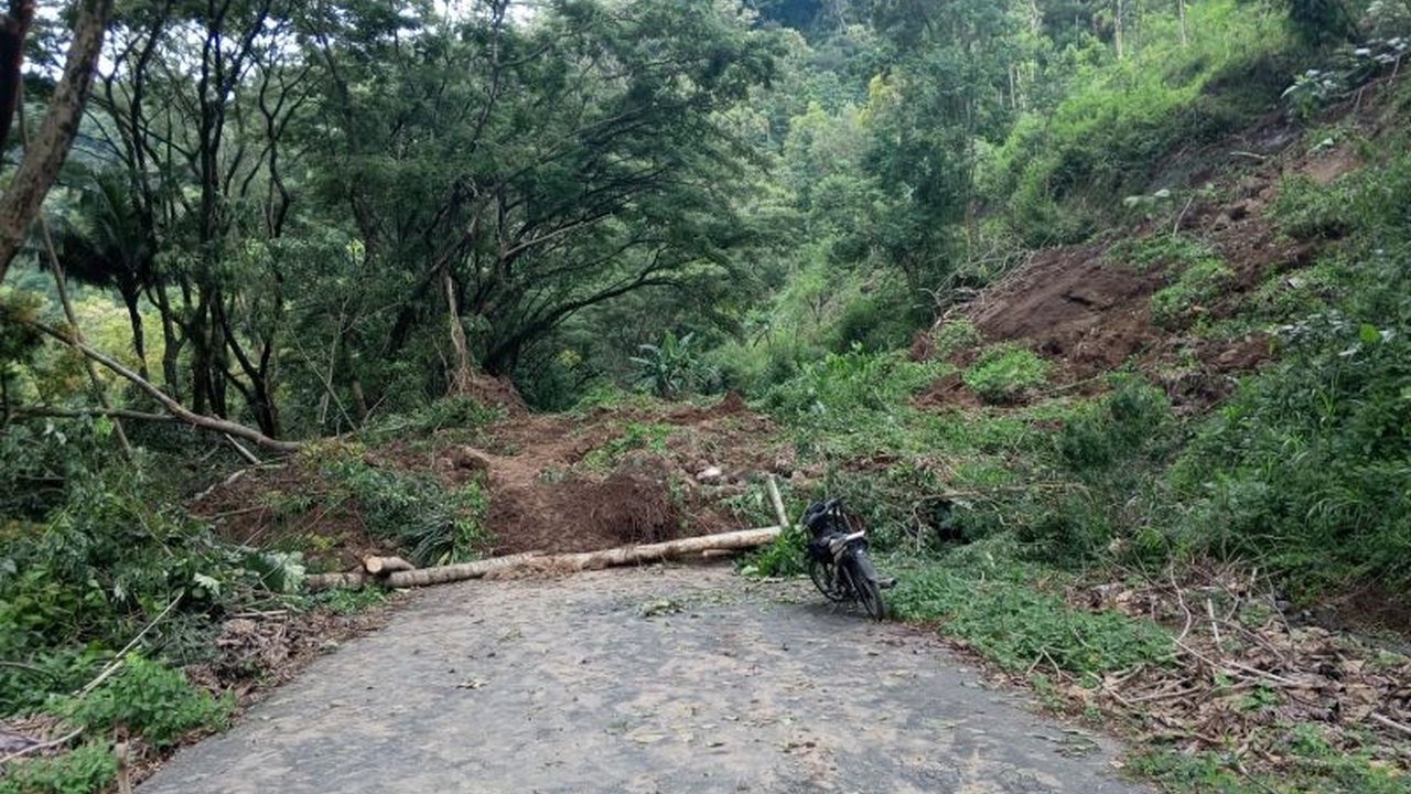 Jalan di sekitar Waduk Wonorejo, Tulungagung, tertimbun longsor setelah hujan deras Senin siang, mengakibatkan akses jalan putus total dan warga hanya bisa lewat jalur alternatif.