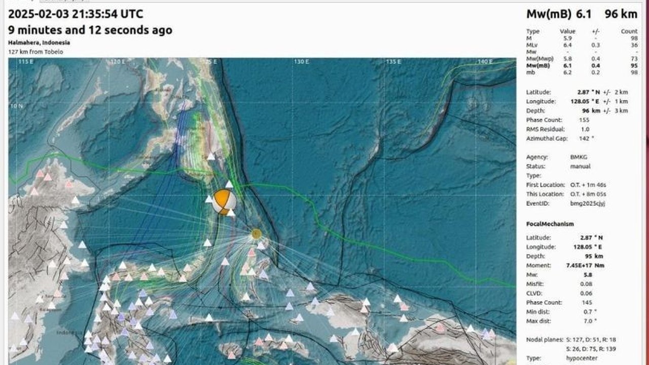 Gempa berkekuatan 6,2 magnitudo mengguncang Pulau Morotai, Maluku Utara, Selasa pagi pukul 04.35 WIT, dengan pusat gempa di laut dan kedalaman 96 kilometer; BMKG pastikan tidak berpotensi tsunami.
