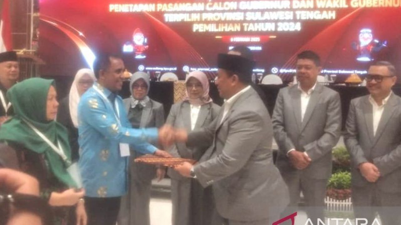 KPU Sulteng menetapkan Anwar Hafid dan Renny A Lamajido sebagai Gubernur dan Wakil Gubernur terpilih periode 2025-2030 setelah memenangkan Pilkada 2024 dengan perolehan 45% suara.