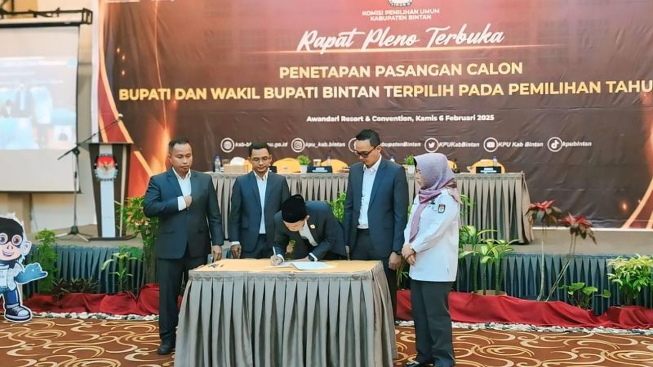 KPU Bintan menetapkan Roby Kurniawan dan Deby Maryanti sebagai Bupati dan Wakil Bupati terpilih periode 2024-2029 setelah meraih 68,29 persen suara sah dan keputusan MK menolak sengketa Pilkada.