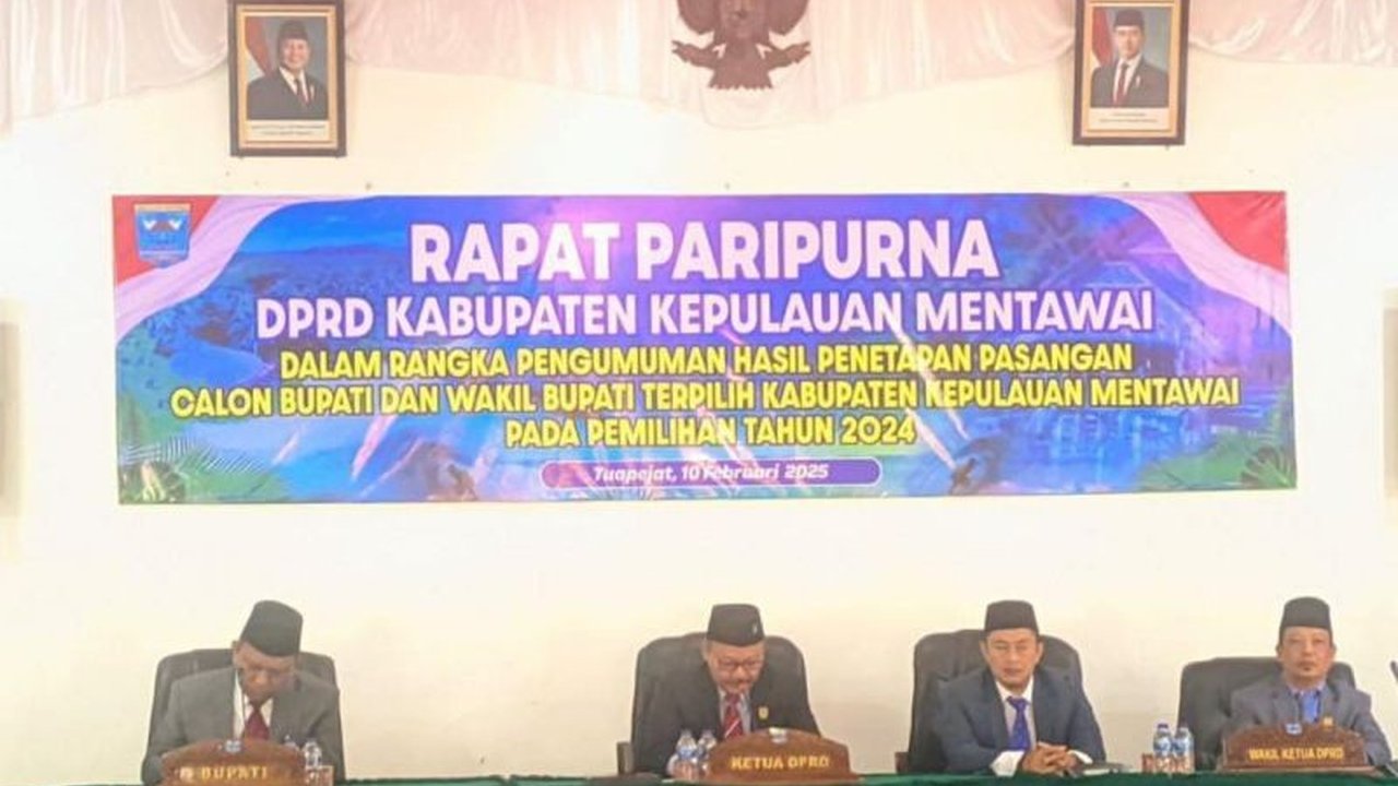 DPRD Kabupaten Kepulauan Mentawai telah mengesahkan Rinto Wardana dan Jakop Saruguk sebagai Bupati dan Wakil Bupati terpilih periode 2025-2030, menandai selesainya tahapan pemilihan di tingkat kabupaten dan selanjutnya akan dilantik di Jakarta pada 20 Feb
