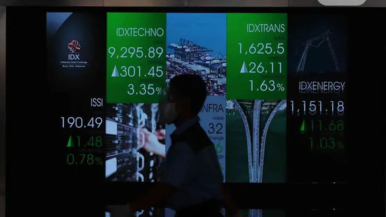 Pekerja melintas di depan layar Indeks Harga Saham Gabungan (IHSG) di BEI, Jakarta, Senin (3/1/2022). Pada pembukan perdagagangan bursa saham 2022 Indeks Harga Saham Gabungan (IHSG) langsung
