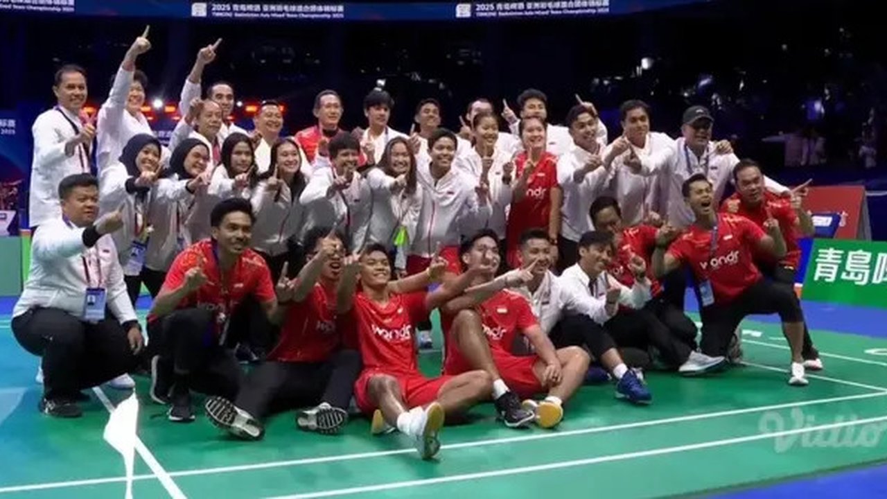 Tim bulutangkis Indonesia keluar sebagai juara Badminton Asia Mixed Team Championship 2025, Minggu (16/2/2025) sore WIB. (Tangkapan Layar/Vidio)